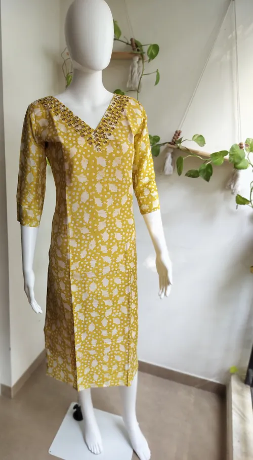 Silk Cotton Handwork Kurti - Yellow